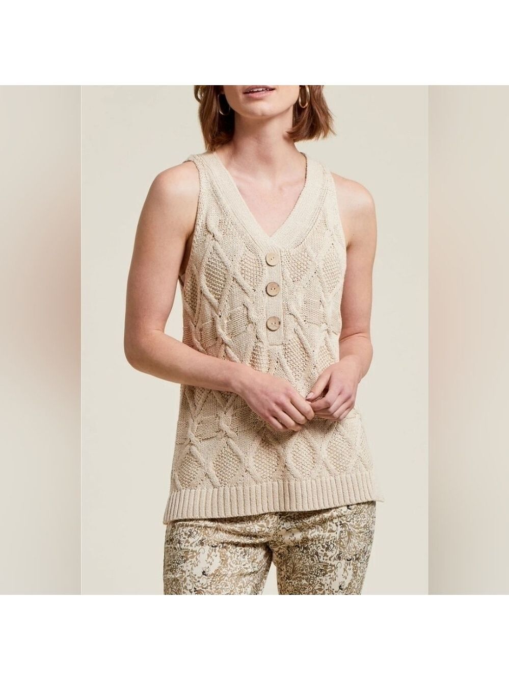 Tribal Beige Knit Fisherman Sweater Vest XS
